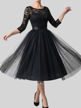 Black Lace & Tulle Midi Dress with Satin Waist - Women's Formal Dress Size 16